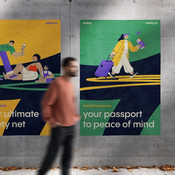 Large poster graphic designs for travel insurance with colorful images and minimalist typography.